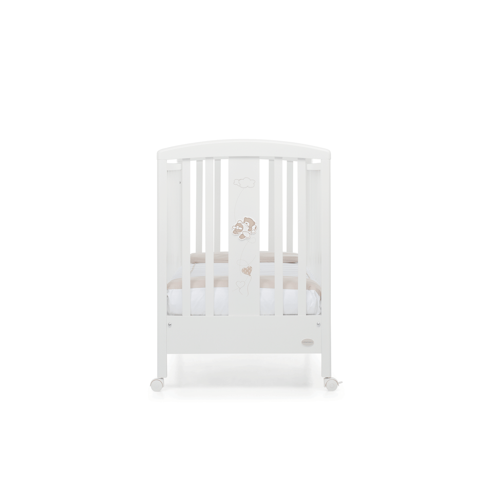 Babyfly baby cot by Foppapedretti designed with one side adjustable into two heights and the baby cot can be opened at the side and folded up under the cot turned into a sofa.