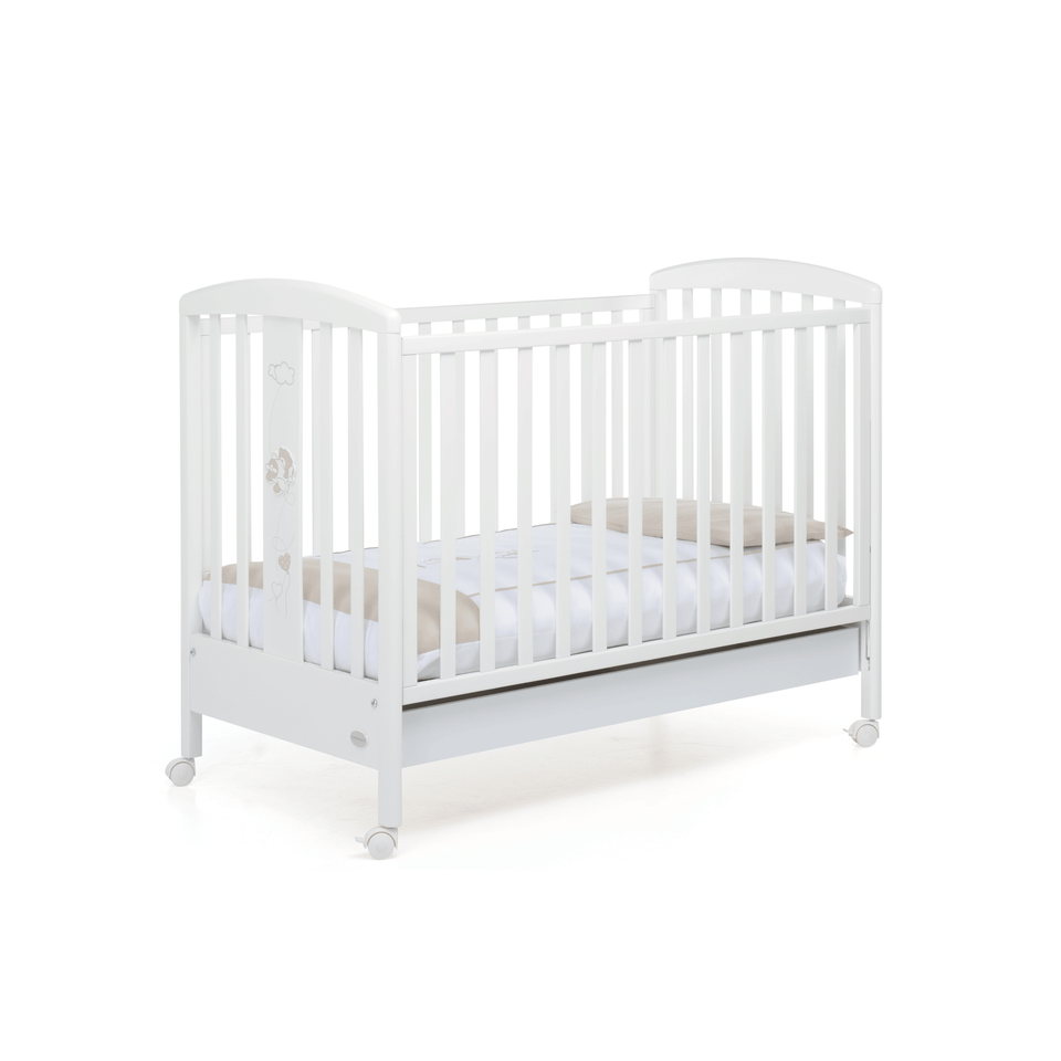 Babyfly baby cot by Foppapedretti designed with one side adjustable into two heights and the baby cot can be opened at the side and folded up under the cot turned into a sofa.