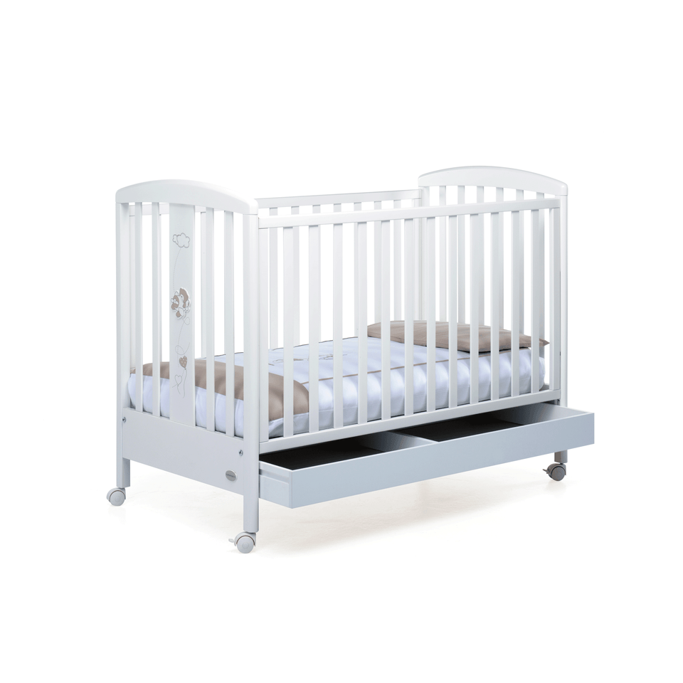 Babyfly baby cot by Foppapedretti designed with one side adjustable into two heights and the baby cot can be opened at the side and folded up under the cot turned into a sofa.