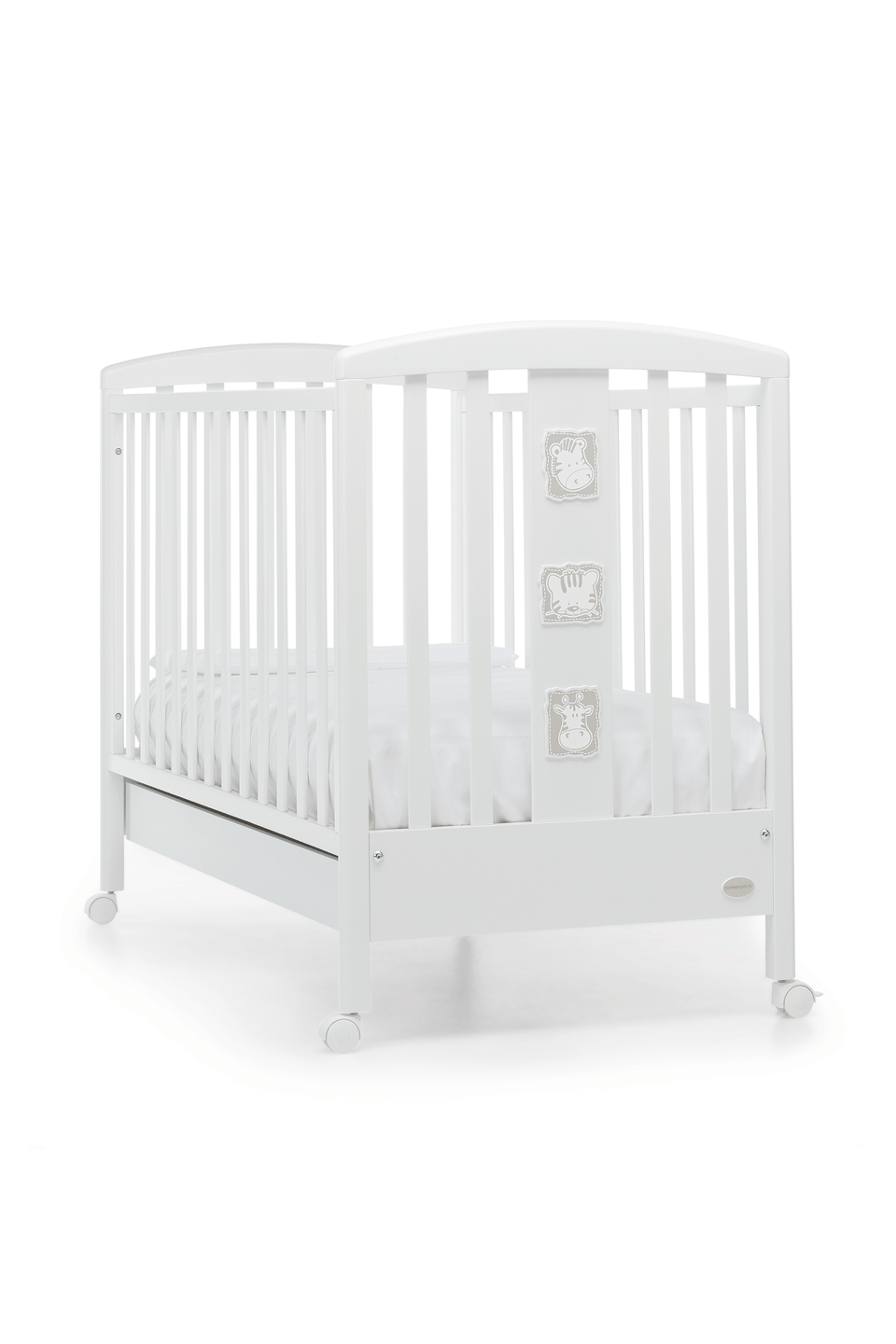 Babyzoo baby cot by Foppapedretti designed with one side adjustable into two heights and the baby cot can be opened at the side and folded up under the cot turned into a sofa.