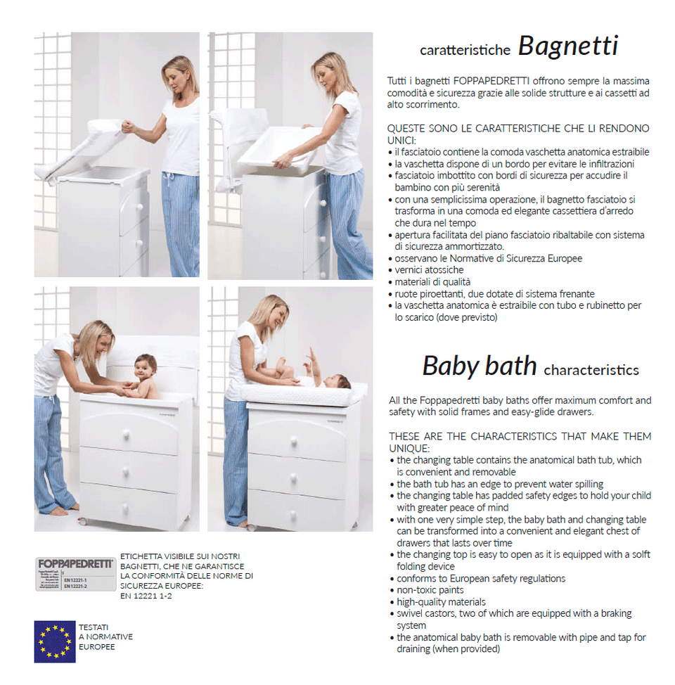 The Babyzoo baby bath & changing table by Foppapedretti is equipped with a removable bathtub, drawers, a folding shelf with a changing mat.