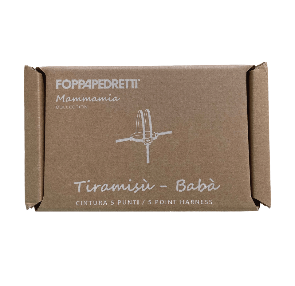 A 5-points harness of the TIRAMISÙ high chair by Foppapedretti. Perfect for providing extra security and safety for restless children. Designed & Made in Italy.